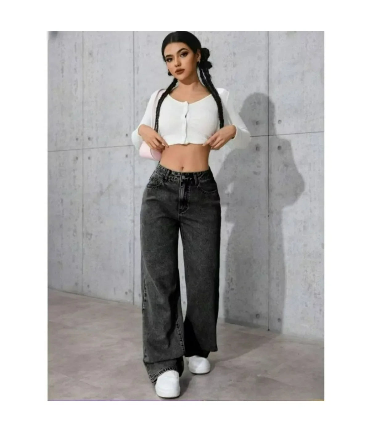 Women's Classic Wide Leg Stretch Jeans with Button  Soft Comfortable Autumn Winter Vintage Wash Stylish Jeans High Street Pants