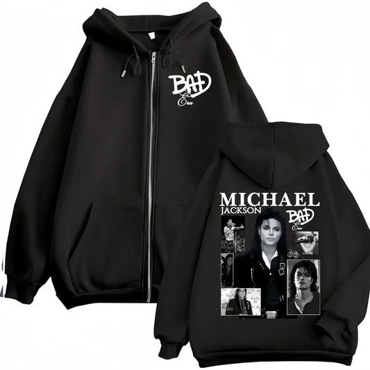 King of Pop Michael Jackson Bad Era Zipper Hoodie Men Women Harajuku Streetwear Jacket Sweatshirt Fleece Casual Zip Up Pullovers