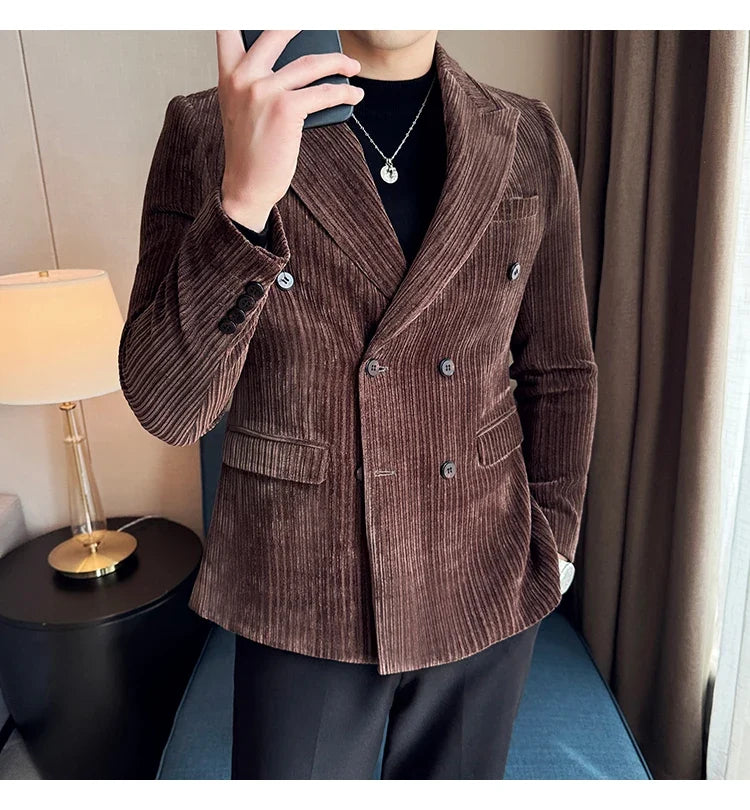 Autumn Winter New Men Corduroy Suit Jackets Double-Breasted Striped Slim Fit Casual Coats High Quality Formal Business Tailcoat