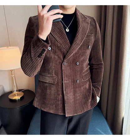 Autumn Winter New Men Corduroy Suit Jackets Double-Breasted Striped Slim Fit Casual Coats High Quality Formal Business Tailcoat