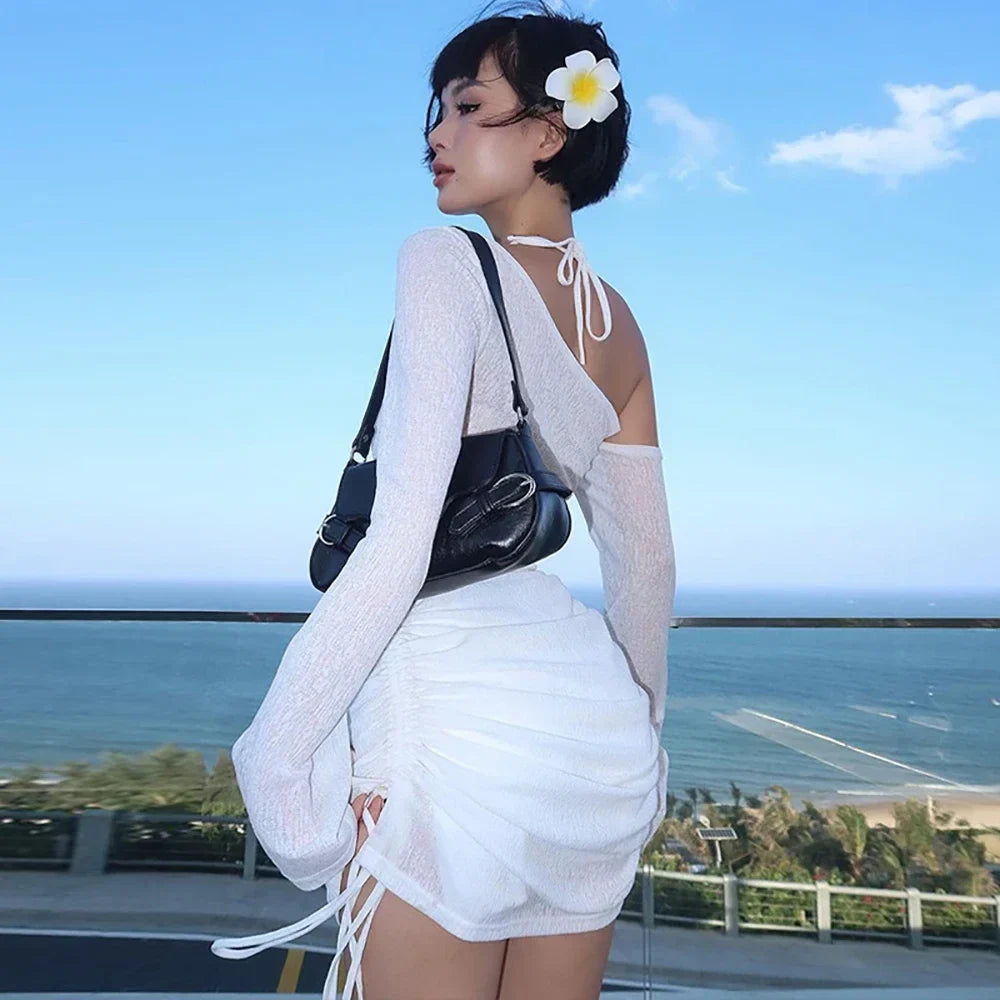 Sheer Swimsuit Coverup for Women Bathing Suit Cover Up Swimwear Drawstring Beach Bikini Dress Shirt for Poolside Seaside Party