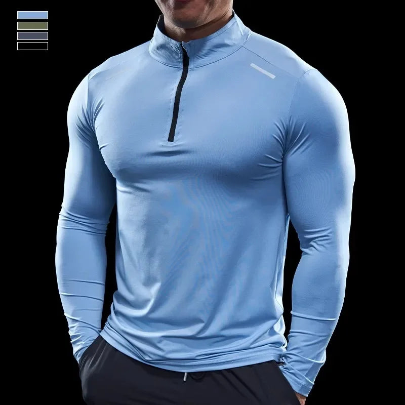 Men Stand Collar Zipper T-shirt Gym Running Training Fitness Bodybuilding Sport Top Quality Elastic Long Sleeve Tight Tops Tees