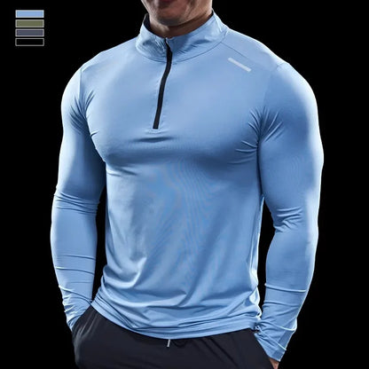 Men Stand Collar Zipper T-shirt Gym Running Training Fitness Bodybuilding Sport Top Quality Elastic Long Sleeve Tight Tops Tees