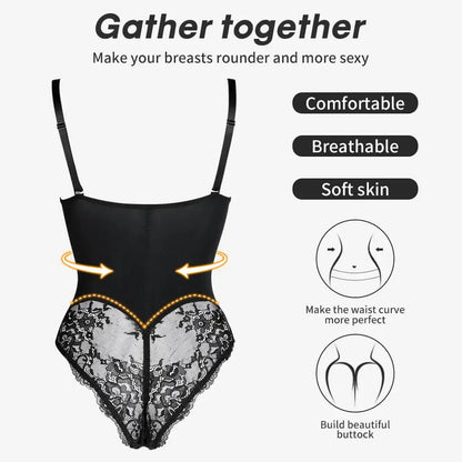 Fajas Underwear Body Shapers Women Shapewear Bodysuit Sexy Lace Open Crotch Lingerie V-collar with Bras