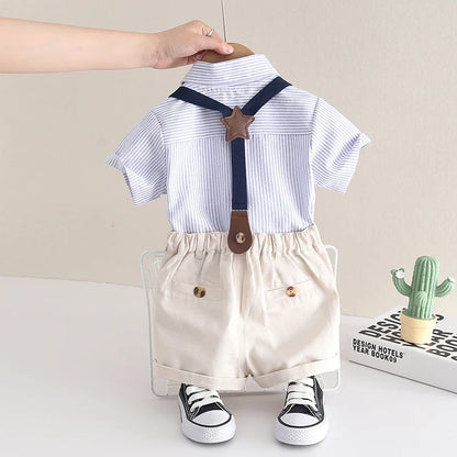 Fashion Summer Children Kids Boy's Clothes Blue Strips Shirt Bib Shorts 2Pcs/Set Gentleman Baby Toddler Tracksuits 0-5 Years