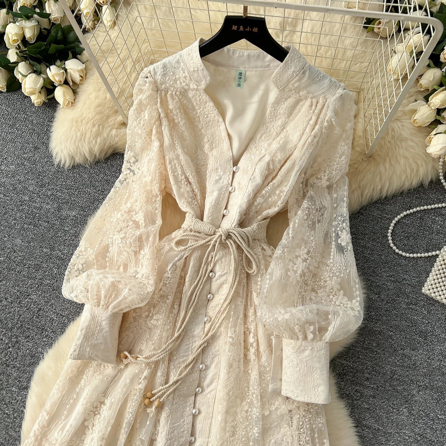High-End Women's Dress Heavy Embroidery A-Line Long Skirt V-Neck Lantern Sleeve Single Button High Waist Korean Style Commute