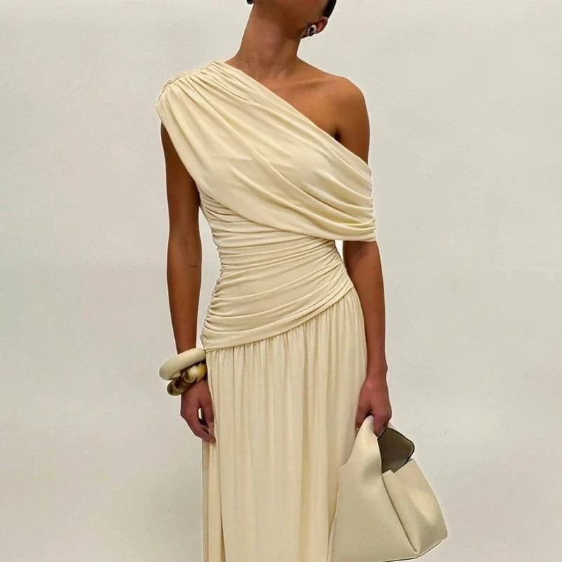 One Shoulder Ruched Sleeveless Solid Pleated Sexy Irregular Y2K Maxi Dress Summer Elegant Party Women Clothes Vacation