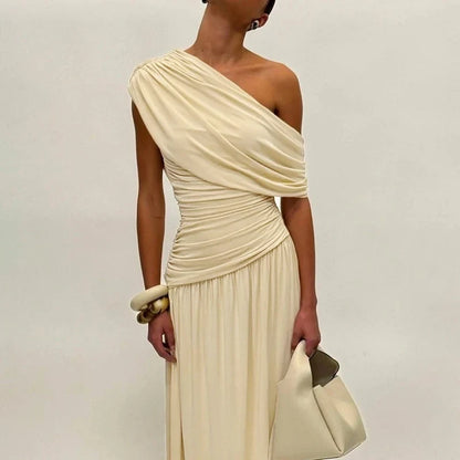 One Shoulder Ruched Sleeveless Solid Pleated Sexy Irregular Y2K Maxi Dress Summer Elegant Party Women Clothes Vacation