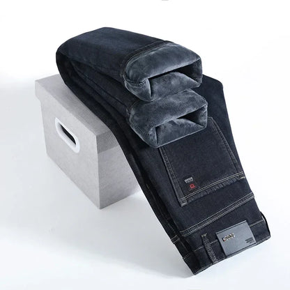 High Quality Winter Jeans New Casual Straight Tube with Fleece Thickening Loose Outside Warm Long Pants Streetwear Men
