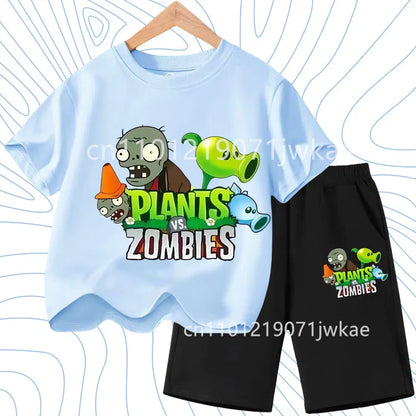 Children's Plants Vs. Zombies Short-Sleeved T-Shirt Set Cotton Summer Fashion Comfortable Top+pants for Boys and Girls