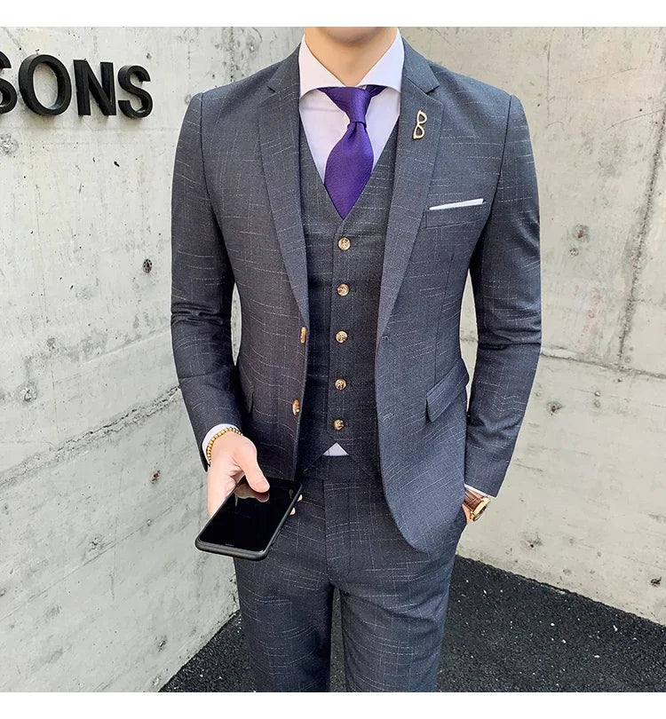 High Quality Slim-fit Men's Three-piece Suit with Vest And Trousers - Double Buckle Wedding Art Fabric Tough Man Suit