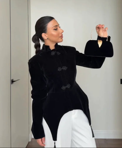 Women's Spring Summer Mandarin Collar Frog Button Velvet Asymmetric Hem Blazer Clubwear 2026 Trendy Feminine Fashion Blazer