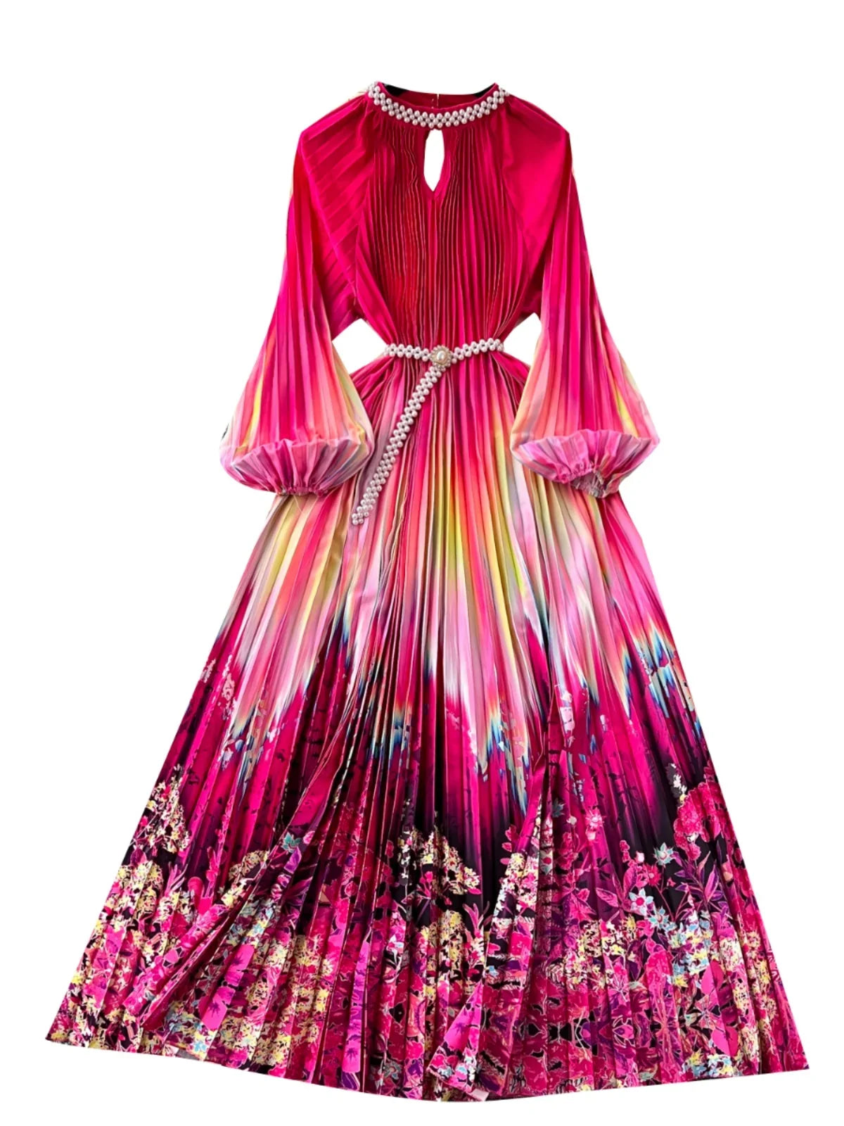 Ele High-End Women's Dr Faionable Beaded round Ne Hollow out Pleated Lantern Sve Waist Cinched Floral Print Lon...
