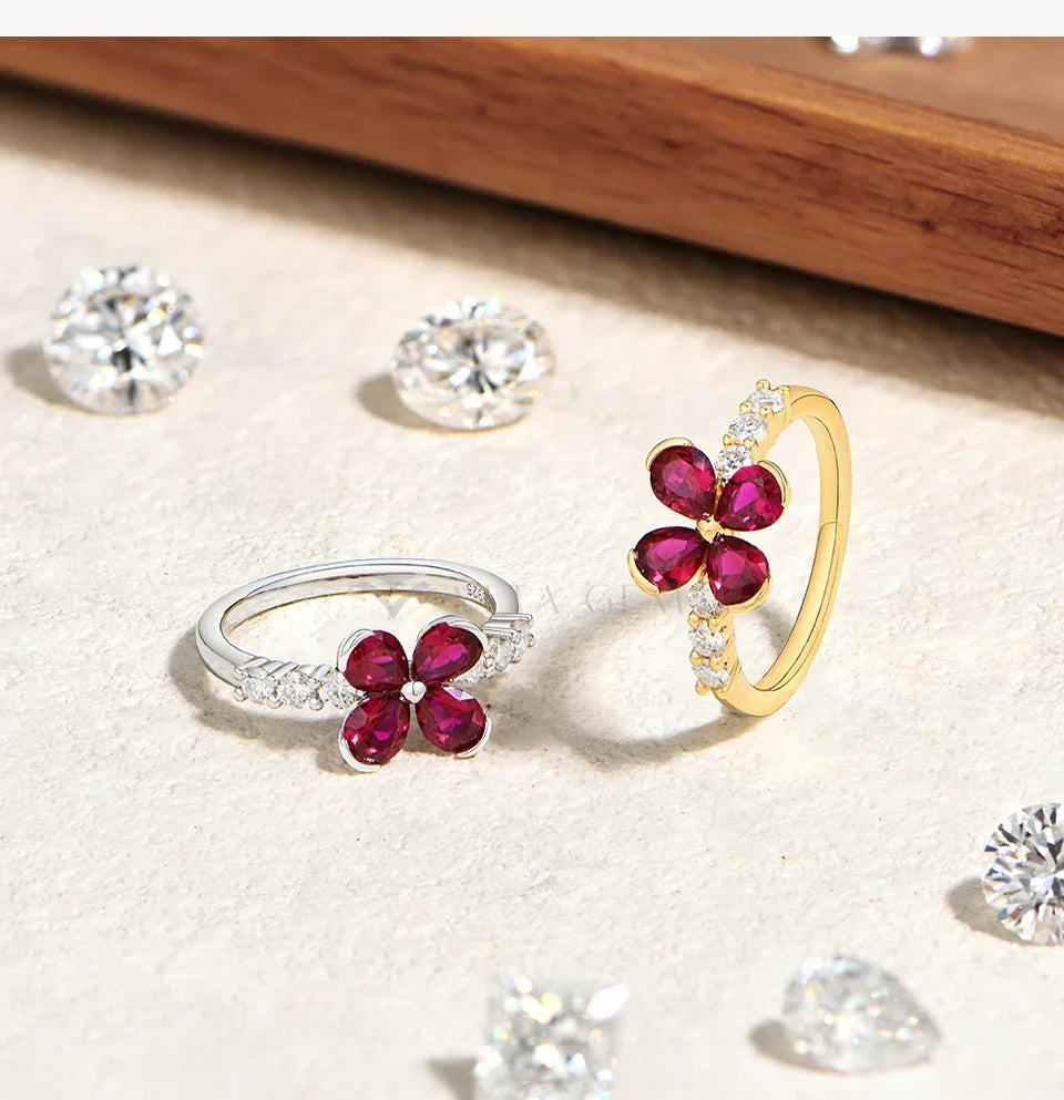 Original Teardrop Ruby Flower Ring ForWomen Pave Moissanite Engagement Rings 925 Sterling Silver Jewelry Gift For Party