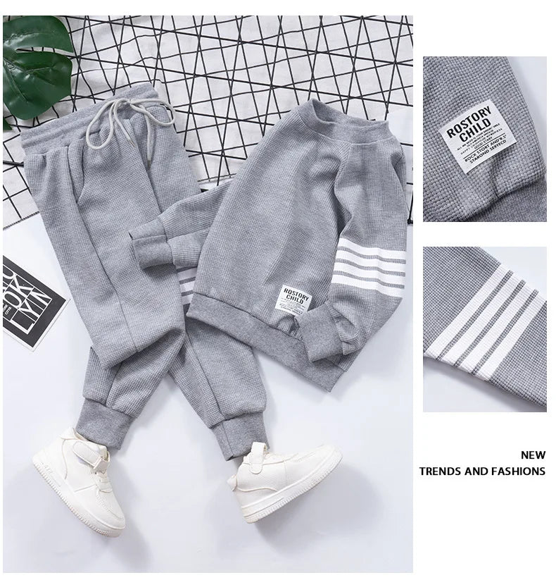 Spring Striped Baby Boys Workout Sweatshirt + Drawstring Sweatpant Sets Kids Tracksuit Child Jumper Pant Jogger Set 2-11 Years