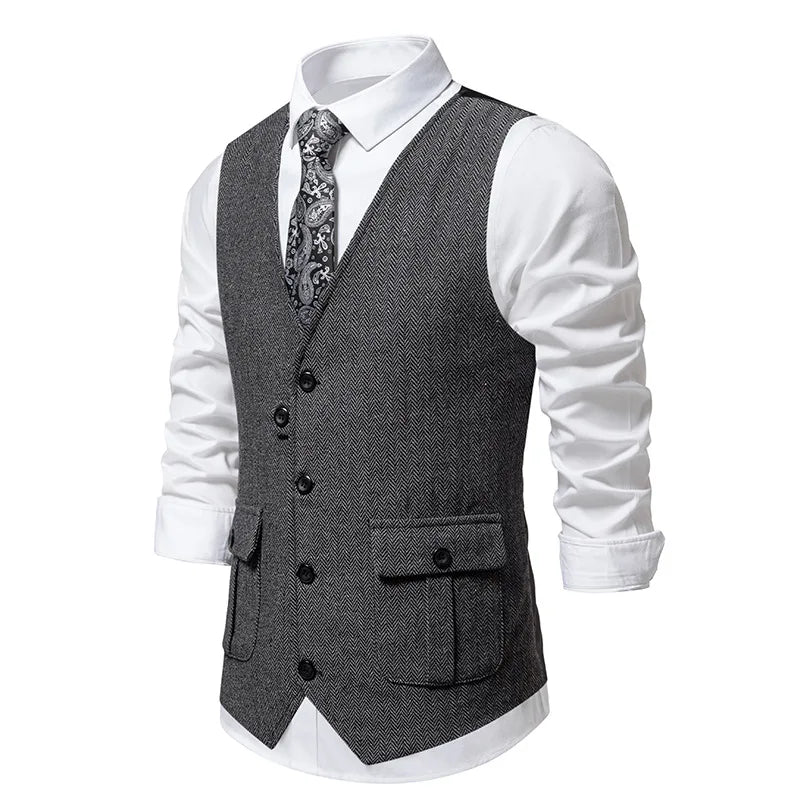Men's Herringbone Vest Spring/summer V-neck Single Breasted Patchwork Waistcoat Slim Fit Mens Casual Suit Vest Best Dress
