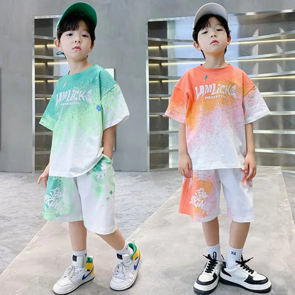Summer Boys Tie Dye Gradient Alphabet T-Shirt Tops+Shorts Pant Workout Sets School Kids 2PCS Tracksuit Children Outfits 5-16 Yr