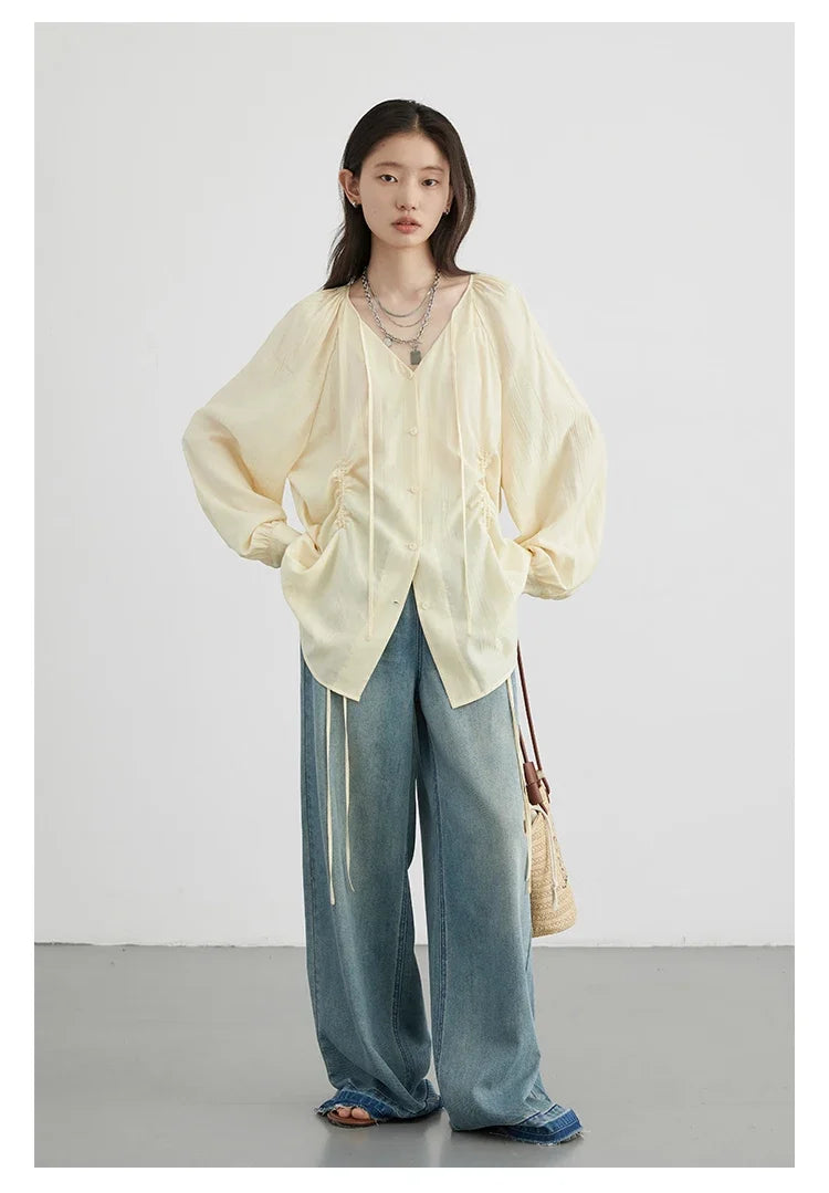 Women Loose Lace Up Shirt Solid New Korean V-neck Pleated Raglan Long Sleeved Blouses Female Tops Spring Summer 2026