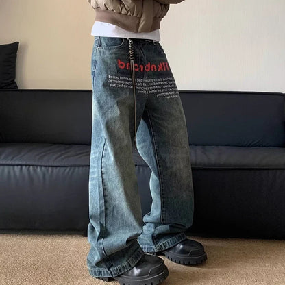 Korean Version Retro Letter Printed Jeans For Men Loose Straight Leg Wide Leg Pants High Street Hip-Hop Design Casual Pants