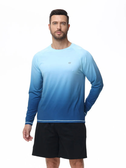 Summer Men's UPF 50+ Beach Swimming T-Shirt, Quick Dry Long Sleeve Fashion Gradient Rash Guard Tops for Sport Fishing Hiking