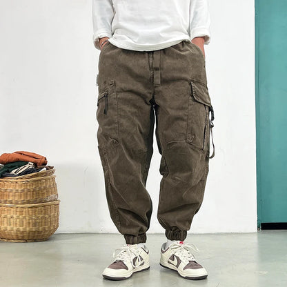 High Quality Snow Wash Distressed Cargo Pants Men Korean Fashion Plus Size Harem Pants Streetwear Joggers Casual Baggy Trousers