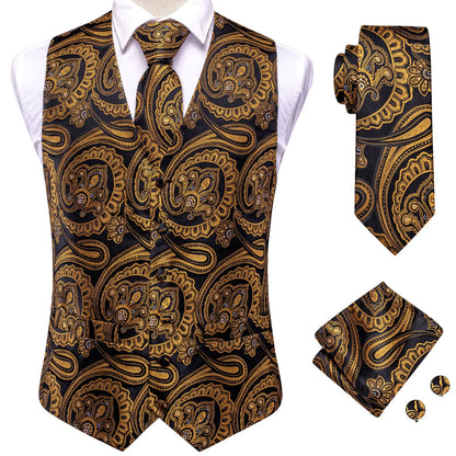 Vest for Men Gold Suit Vest Floral Waistcoat Summer Vest Tuxedo Paisley Tie Set Cufflinks for Wedding Business Hi-Tie WJ-0008