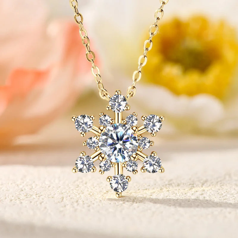 Round Cut Moissanite Snowflake Pendant Necklaces for Women Solid 925 Sterling Silver Chains Wedding Jewelry Gift Collar
