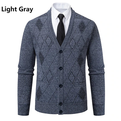 Men Plaid Cardigan V-neck Fleece Sweater Men's  Autumn Clothing Classic Cardigans Jacket Button Mens Knitting Outwear