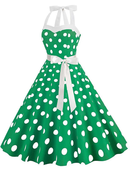 Women Summer Party Dress With Belt Polka Dot Print Halter Hepburn Robe 50s 60s Vintage Dresses