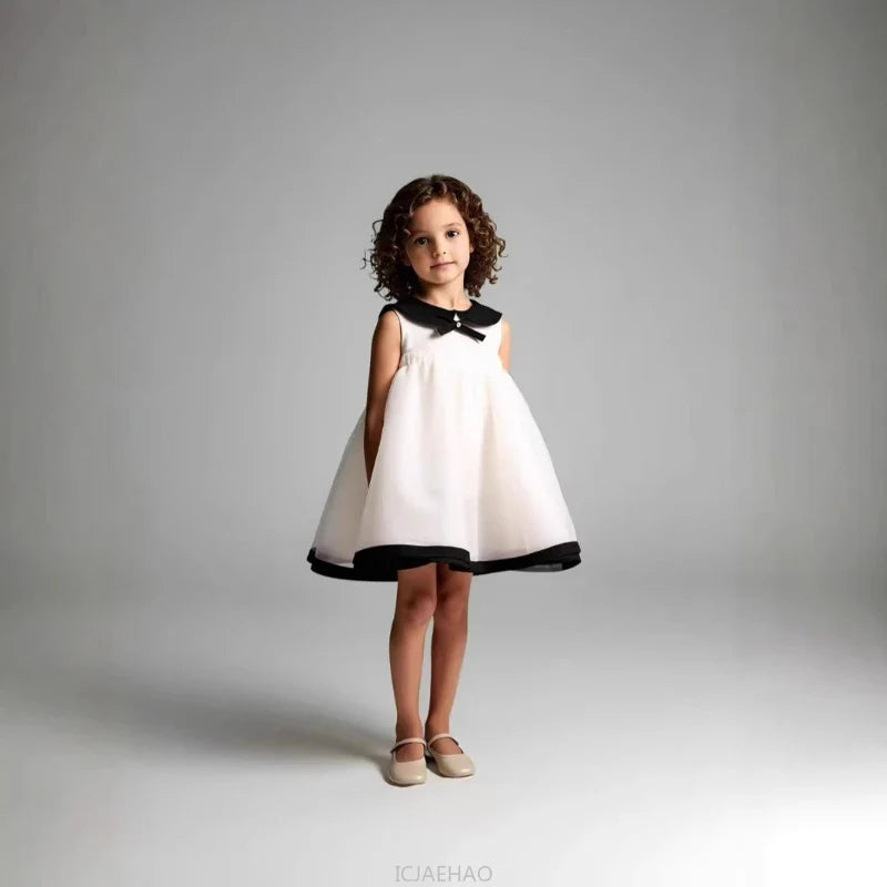 Party Dress Costumes Korean Style Girls Tulle First Birthday Dresses Children Black Bow  Collar Kids Flower Girl Gown Clothes