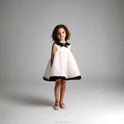 Party Dress Costumes Korean Style Girls Tulle First Birthday Dresses Children Black Bow  Collar Kids Flower Girl Gown Clothes