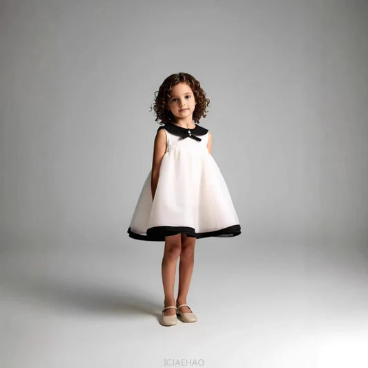 Party Dress Costumes Korean Style Girls Tulle First Birthday Dresses Children Black Bow  Collar Kids Flower Girl Gown Clothes