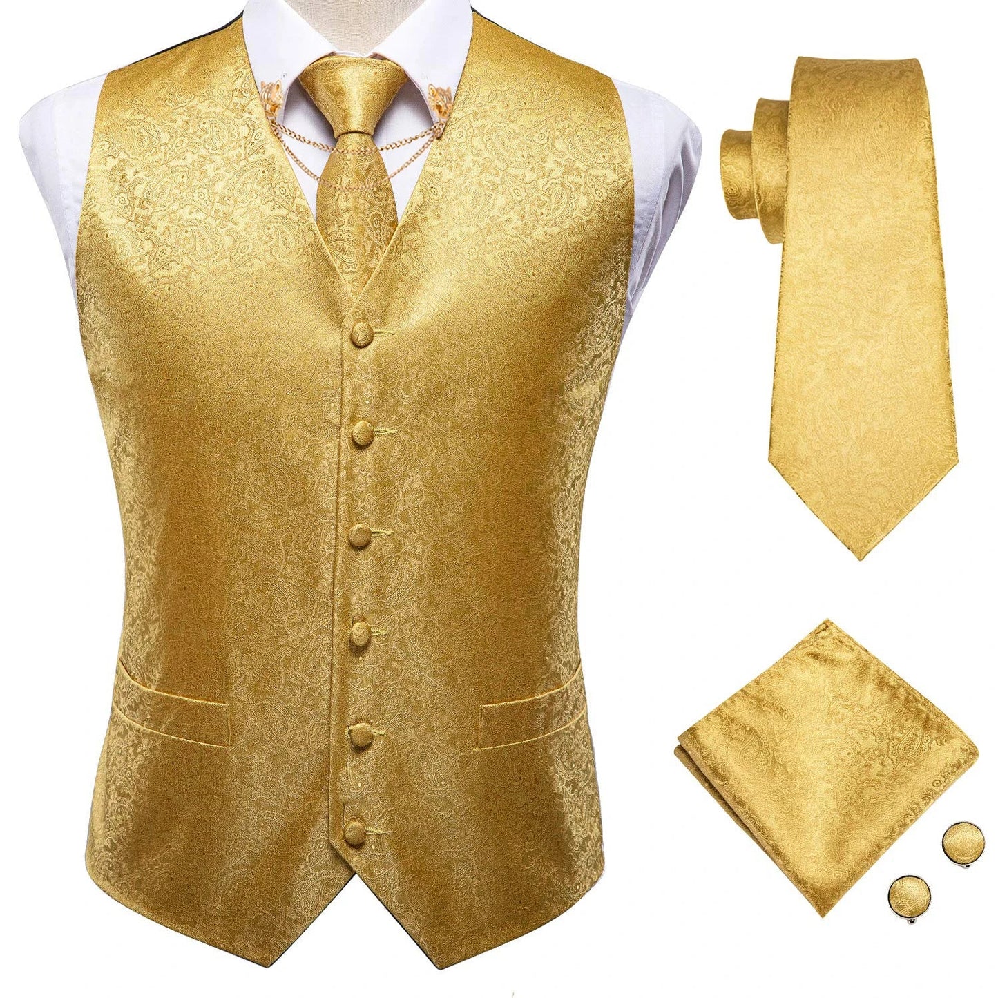 Fashion Silk Vest For Men Classic Gold Champane Yellow Waistcoat Jacket Tie Hankerchief Cufflinks Sets Dress Suit Wedding Hi-Tie