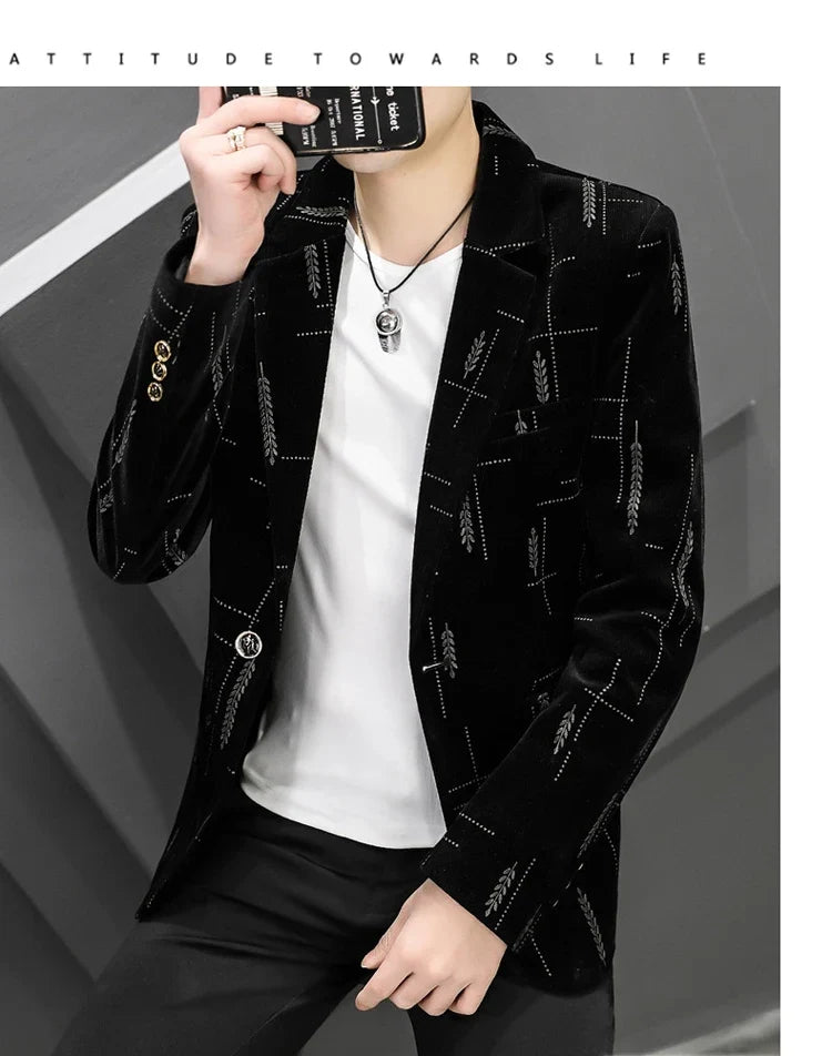 2022 Autumn Men Blazers Luxury Corduroy Casual Slim Suit Jacket Business Social Office Dress Coat Streetwear Jacket Men Clothing