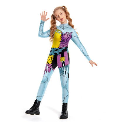 Halloween Nightmare Sally Costume Patchwork Pattern Bodysuit Fancy Disguise Suit Carnival Party Girls Zentai Catsuit