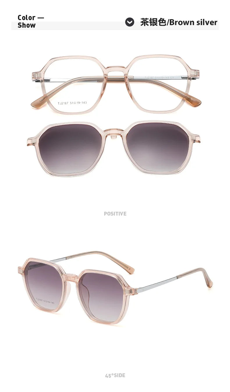 Magnetic Clip on Glasses Women Driving Polarised Polygonal Optical Myopia Eyewear Men Custom Prescription Glasses TJ2187