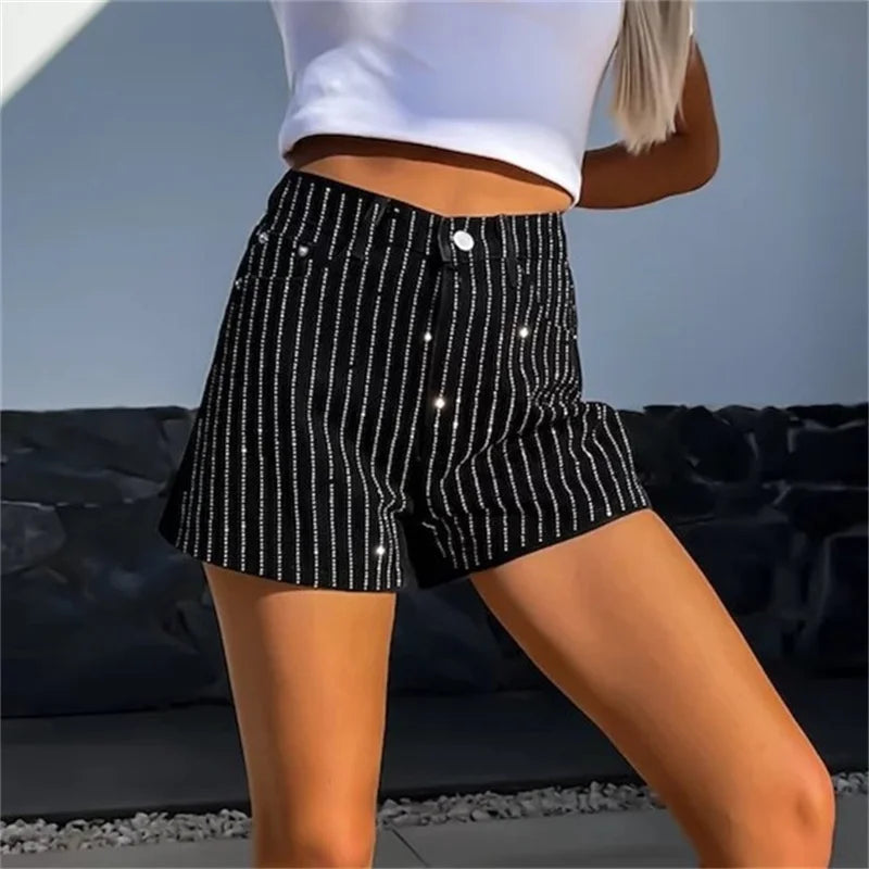 Fashion Small Diamonds Stripe Decoration Denim Shorts Straight Three Quarter Pants Female Summer Casual Commuter Mini Jeans 2024