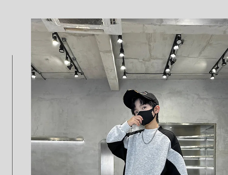 Spring Boys Black x Grey Contrast Pullover Sweatshirt+Sweatpant Work Set School Kid 2PCS Tracksuit Children Jogger Outfit 5-16Yr