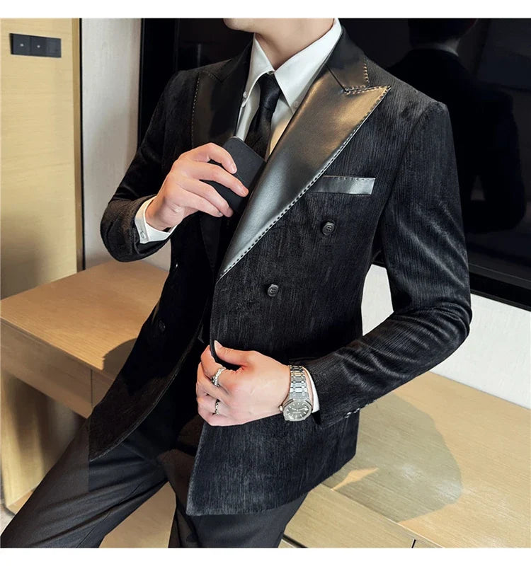 British Style Luxury Men Double Breasted Suit Jacket High Quality Fashion PU Leather Neck Spliced Coats Groom Social Party Dress