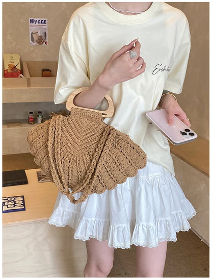 2026 New Retro Fan-shaped Crochet Woven Underarm Bag for Women Ins Style Seaside Vacation Versatile Wooden Handle Shoulder Bag