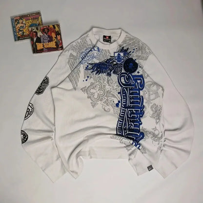 Y2K Nematode Phantom Thread Printing Long Sleeve T Shirt Loose and Heavy Style Old Washed Gothic Retro Street Fashion Top