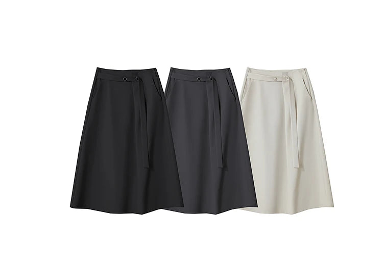 Minimalist Knee length Skirt Women Pleated A-line Loose Dress Elegant Commuting Style Belt Decoration Skirts 12522074