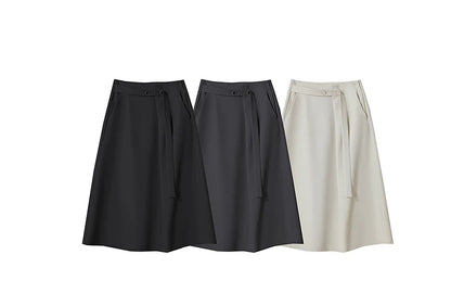 Minimalist Knee length Skirt Women Pleated A-line Loose Dress Elegant Commuting Style Belt Decoration Skirts 12522074