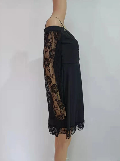 2022 New Gothic One-shoulder Lace Stitching Flared Sleeve Dress Literary Vintage Autumn Grunge Black A-line Dress Punk Partywear