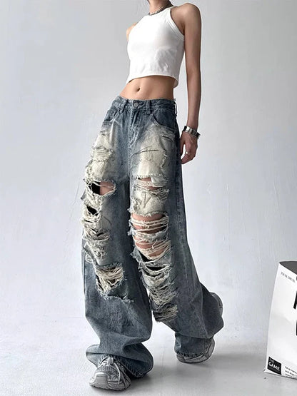 American Sle Trendy Girl Destroyed Denim Jeans Women Loose Wide Leg Straight Cut Floor-Length Pants High Waist Casual Jeans