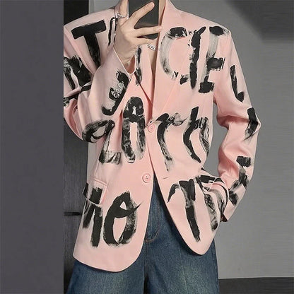 Men Blazer Printing Lapel Long Sleeve Button Korean Style Casual Male Suit Streetwear 2025 Elegant Fashion Thin Coats