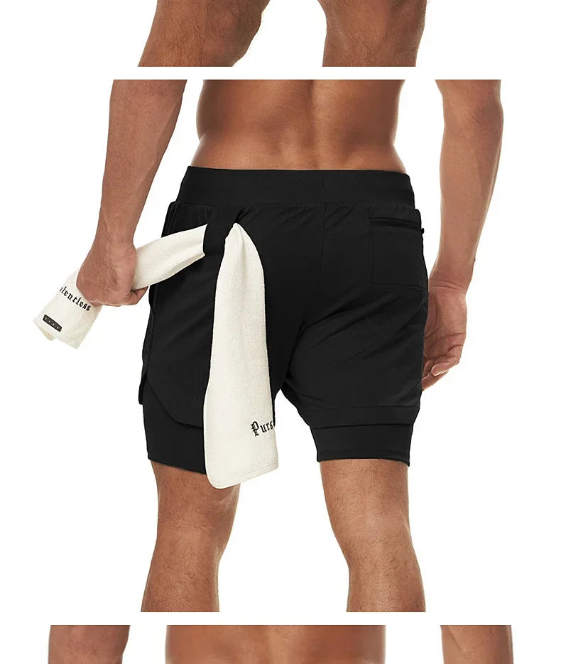 Men's 2 in 1 Double-deck Gym Shorts Quick Dry Summer Running Workout Shorts Zipper Pockets Slim Fit Fitness Training Short Pants
