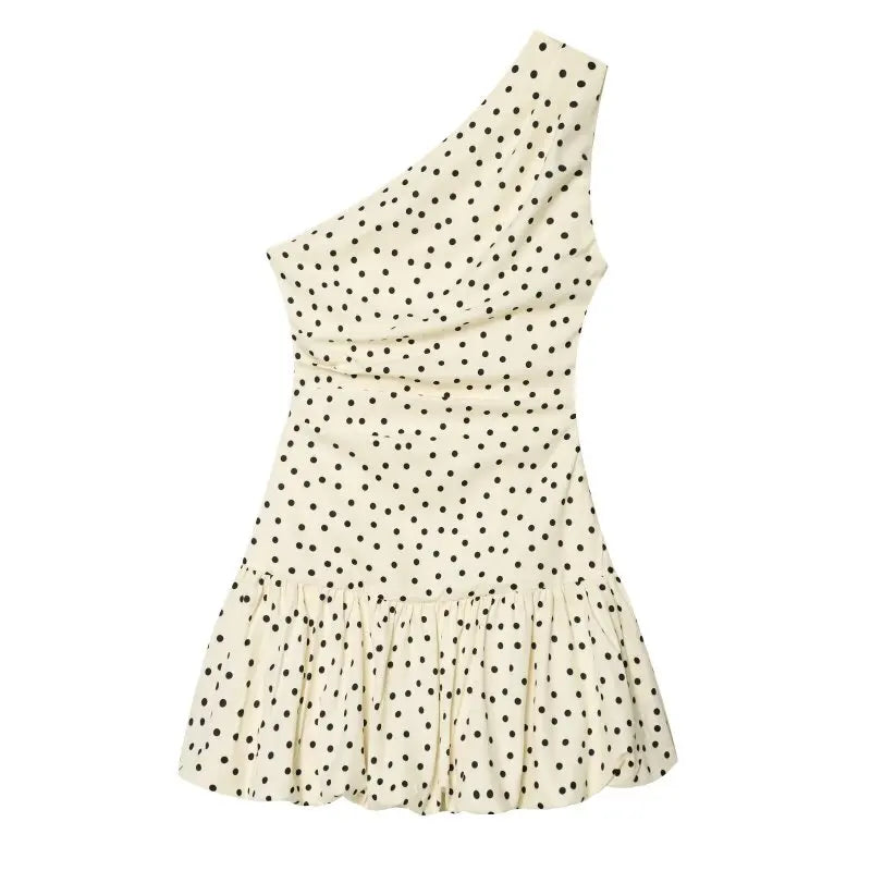 Women One Shoulder Sleeveless Polka Dot Mini Dress Ruched Waist Ruffle Hem Elegant Casual Party Short Dress Spring Summer