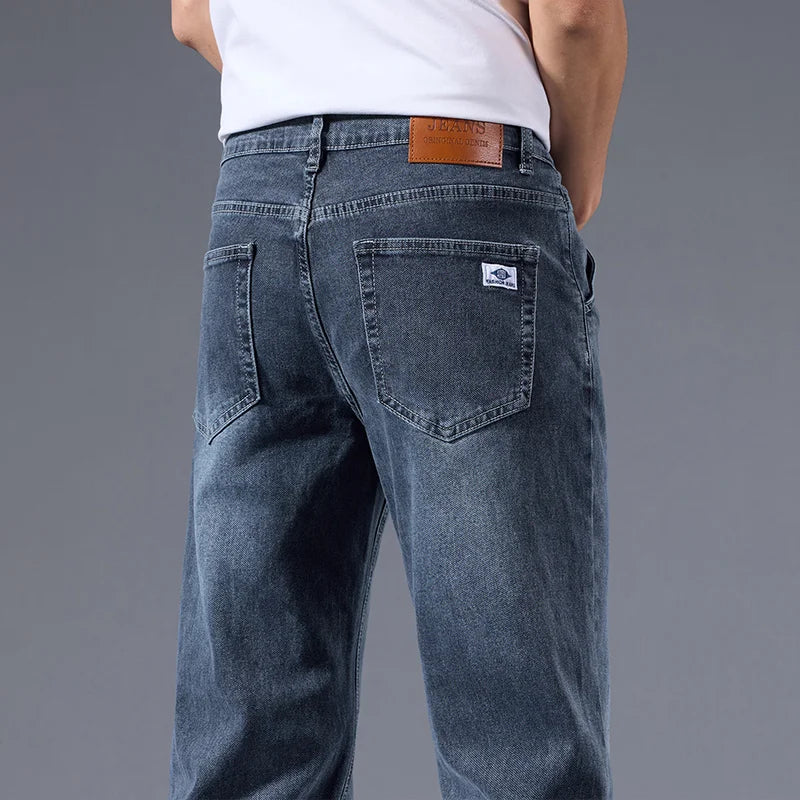 Men's loose straight leg jeans retro washed elastic casual pants suitable for all seasons versatile pants