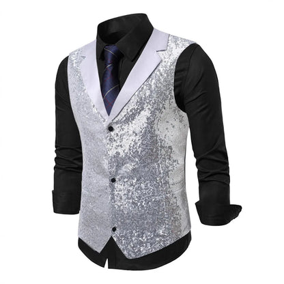 Men's Gold Sleeveless Blazer, Round Sequin-embellished Blazer Jacket, Perfect for Weddings, Parties, DJ Events, and Nightclubs.